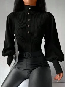 EURMUSE Jersey de cuello alto de manga farol - Negro - Ver 3