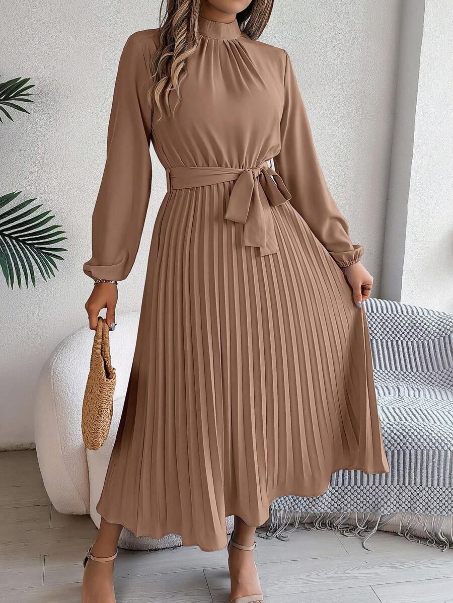 Elegant Solid Color Tie-Neck Pleated Hem A-Line Dress, Spring/Summer - Khaki - View 1