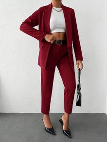 SHEIN Cottnline Blazer And Pants Set With Lapel  Collar And Double Breasted Design - Burgundy - View 4