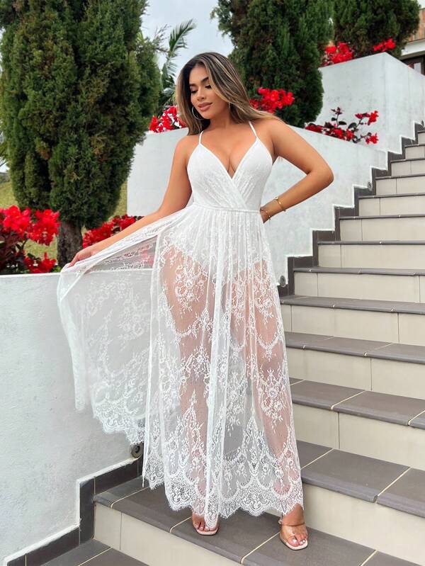 SHEIN SXY Beach;Women's Summer V-Neck Contrast Lace Long Sexy Backless Slip Dress