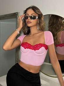 SHEIN ICON Y2k Summer Spring Outfits Vacation Outfits Women's Summer Lace Splice Bust Cup Pink Short Sleeve Crop Top, Slim Fit - Pink - View 1