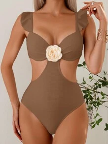 Women's One-Piece Swimsuit With 3D Flower Decoration, Solid Color And Simple Style For Daily Wear Summer - Coffee Brown - View 5