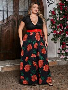 Women Plus Size Elegant Floral Print Patchwork Dress For Spring And Summer - Red - View 4