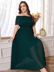 Modelyn Plus Size Elegant Solid Color Off-Shoulder Long Dress With Waist Belt For Summer - Dark Green - View 4