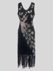 Đầm đuôi công/phượng hoàng đính sequin tua rua kiểu thập niên 1920, đầm dự tiệc chủ đề Great Gatsby thanh lịch, đầm cocktail bán chính thức, đầm dạ hội, đầm dự đám cưới, thích hợp cho sinh nhật, lễ tốt nghiệp, tiệc tối, lễ hội, kỳ nghỉ xuân. Màu đen. - màu đen - Xem 3