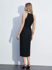 Maija Summer Solid Color Sleeveless Dress With Split Cross Overlap Embellishment - Black - View 6