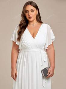 Frauen Große Größen faltende einfarbige gerüschte V-Ausschnitt Rüschenärmel Abendkleider, weiße elegante Kleider Hochzeitskleid, Braut