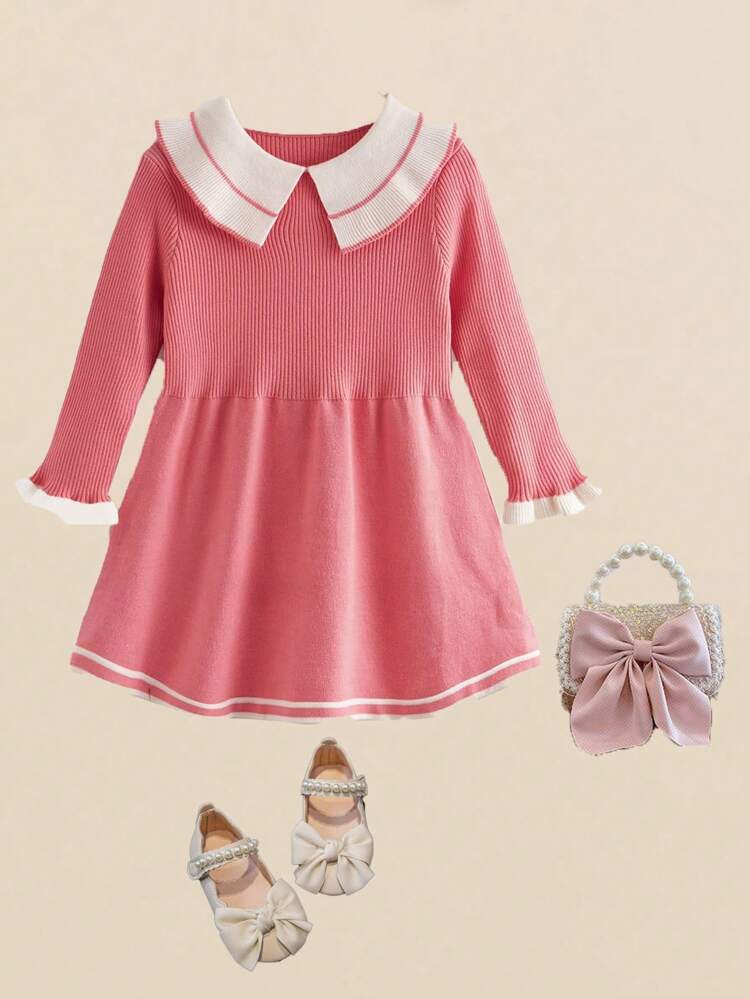 Young Girl Striped Trim Peter Pan Collar Flare Sleeve Sweater Dress