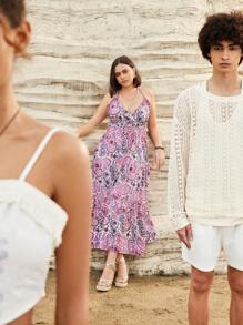 Forever 21 Plus Size Summer Ladies' Fashionable Paisley & Flower Patterned Halterneck Dress For Summer Music Festival - Pink - View 3