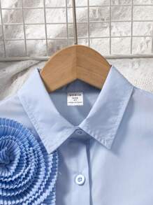 SHEIN Young Girl 3D Flower Decorated Button Front Long Sleeve Casual Shirt Dress