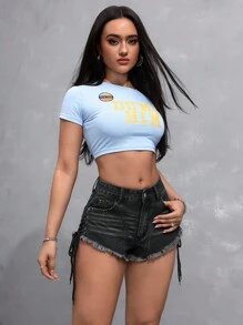 SHEIN EZwear Short en jean pour dames avec ourlet déchiré, poche latérale, nœud avant à œillets - Noir - Voir 4