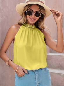 EURMUSE Guipure Lace Panel Keyhole Back Halter Top