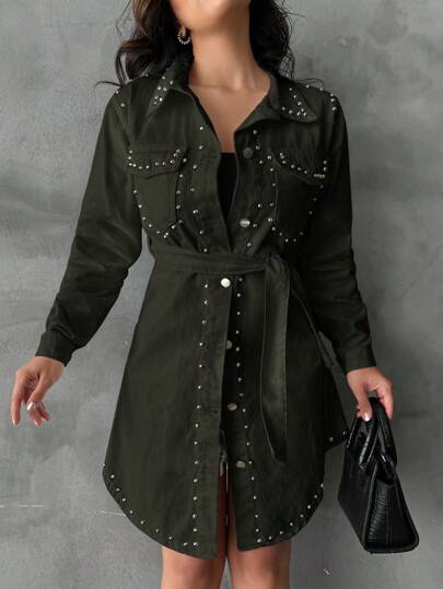 EURMUSE Women's Fashionable Denim Jacket With Pearl Decoration, Autumn