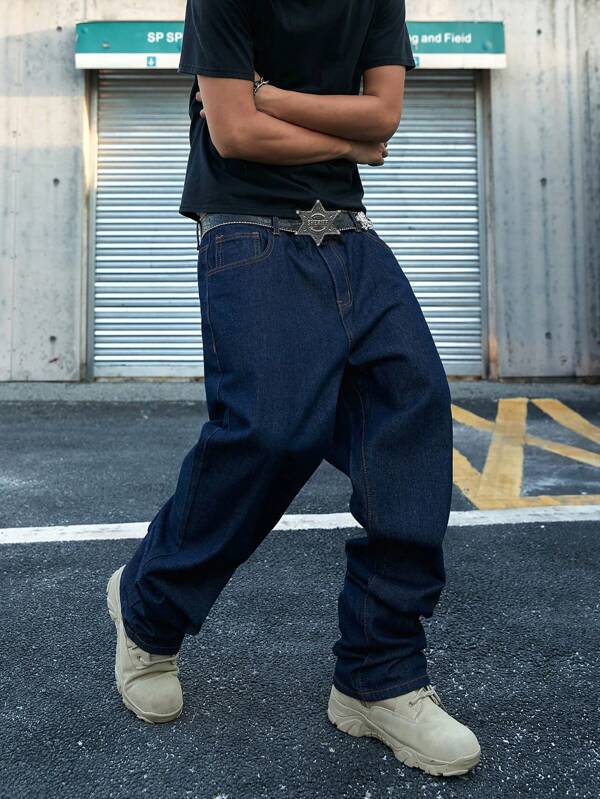 Manfinity EMRG Jeans de mezclilla de pierna ancha y ajuste holgado para hombre con bolsillos, ropa casual diaria