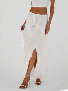 SHEIN Privé Plus Size Casual White Elastic Drawstring Waist Skirt With Split Hem And Ruffled Edges, Perfect For Everyday Wear And Summer Vacation Outfits - White - View 11