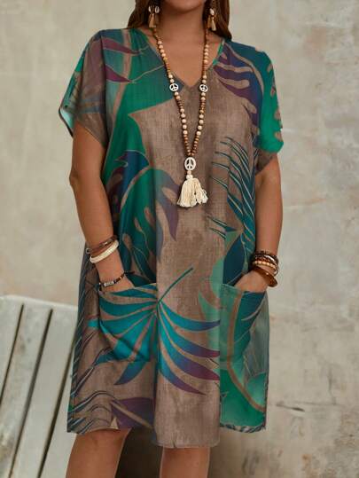 EMERY ROSE Plus Size Women's Double Pocket Fashionable V-Neck Loose Summer Printed Country Dress,Beach Dress Sundress,Holiday Outfits Boho,Vacation/Spring