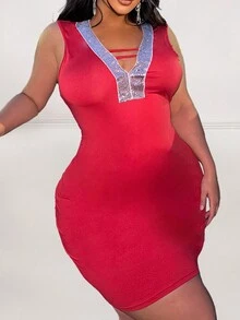 Maweii Plus Size Summer Fashionable Slim Fit Sleeveless Dress With Sequin Patchwork - Red - View 6