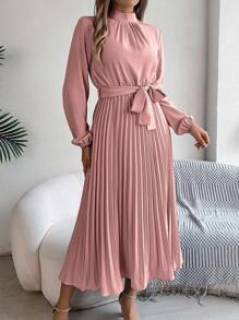 Real Shot Spring/Summer Elegant Ribbon Waist Pleated Dress - Pink - View 6