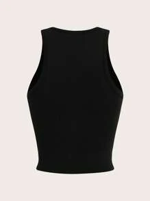 SHEIN EZwear 休闲简约牛头字母图案圆领修身女式背心，含棉，适合夏季 - 黑色 - 查看 2