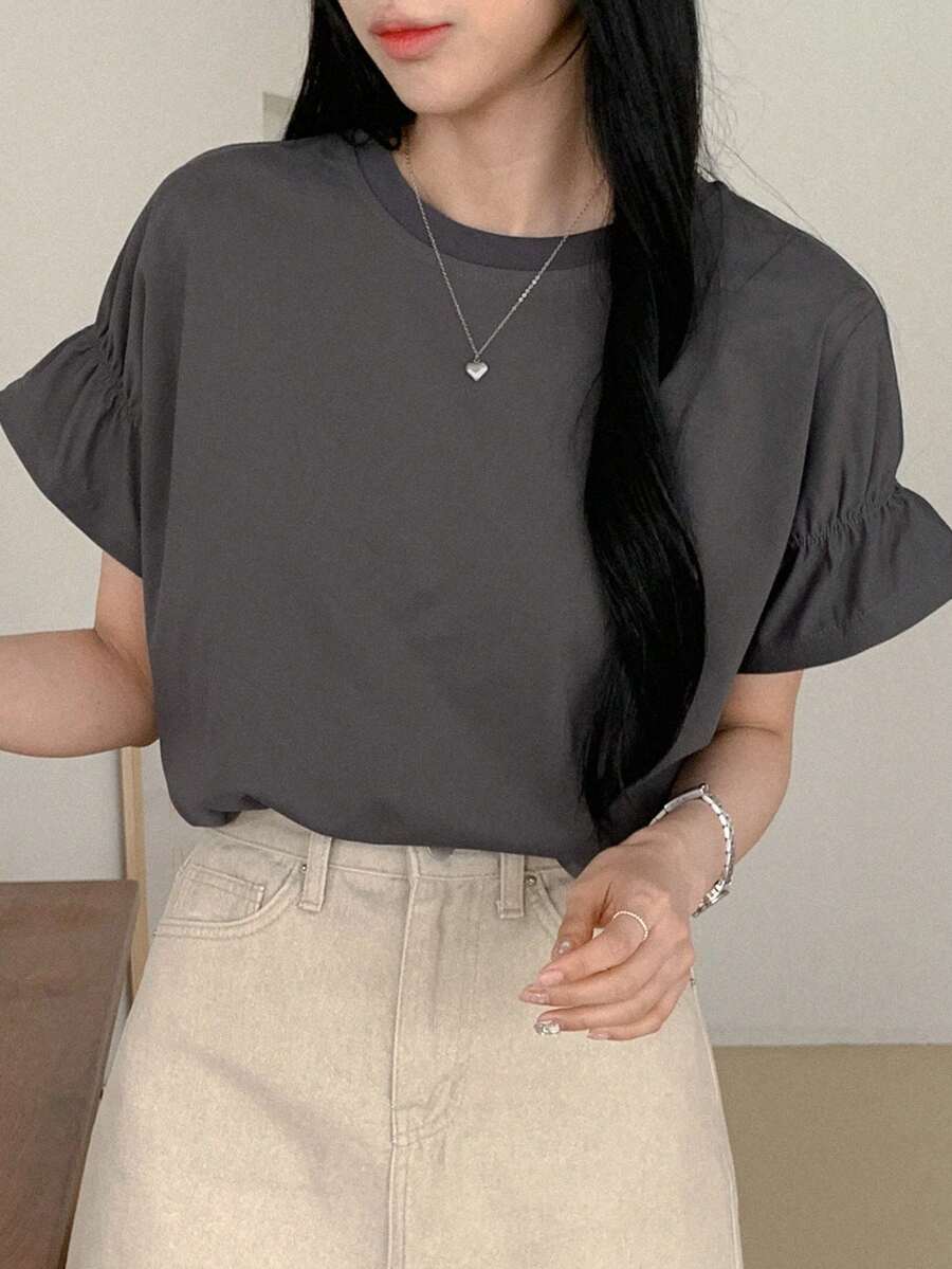 DAZY Camiseta de cuello redondo casual de mujer para el verano en unicolor con dobladillo de volantes y ajuste holgado