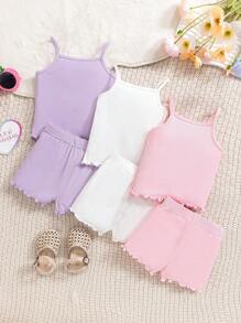 SHEIN Vintaside Kids 寶寶女孩夏季新品系列：多件式舒適、可愛和甜美的背心褲套裝 - 彩色 - 查看 2