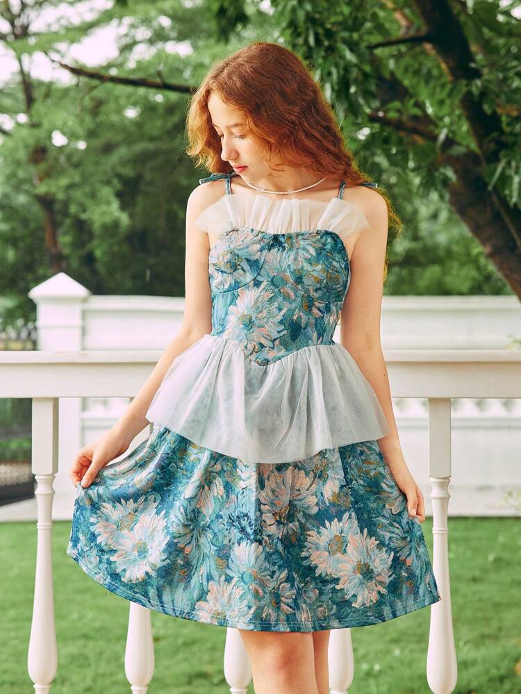 Teen Girl Floral Print Spaghetti Strap Mesh Contrast Vintage Dress