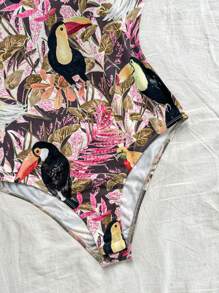 Soleia WYWH Women's Resort Beach Casual Plant & Bird Printed Shoulder Strap Tie-Front Bodysuit