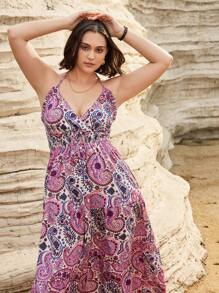 Forever 21 Plus Size Summer Ladies' Fashionable Paisley & Flower Patterned Halterneck Dress For Summer Music Festival - Pink - View 7