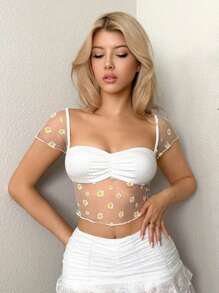 Sweetina Y2k 夏季春装上衣纹理针织文胸罩杯 3D 花卉装饰刺绣花朵透明网眼女式上衣