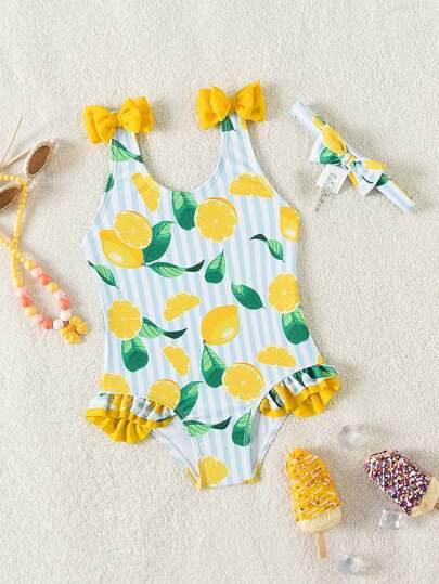 SHEIN Baby Girl Beach Holiday Color Block Striped Lemon Printed One Piece Swimsuit