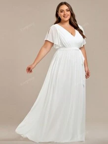Frauen Große Größen faltende einfarbige gerüschte V-Ausschnitt Rüschenärmel Abendkleider, weiße elegante Kleider Hochzeitskleid, Braut