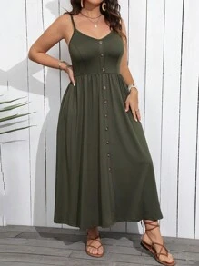 Breezaya 大码女式简约纯色细肩带连衣裙，超长女装 - 綠色 - 查看 3