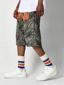 SUMWON Loose Fit Cargo Short With All Over Print - Brown - View 2