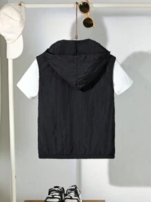 SHEIN Tween Boys Korean Style Letter Patched Zip Up Casual Sleeveless Jacket - Black - View 2