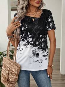EMERY ROSE Ladies' Summer Asymmetrical Collar Flower Printed Short Sleeve Casual T-Shirt
