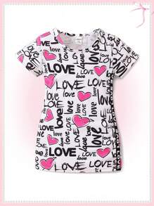 嬰幼兒女孩無袖字母&心形印花連衣裙,休閒可愛,適合春夏活動穿著