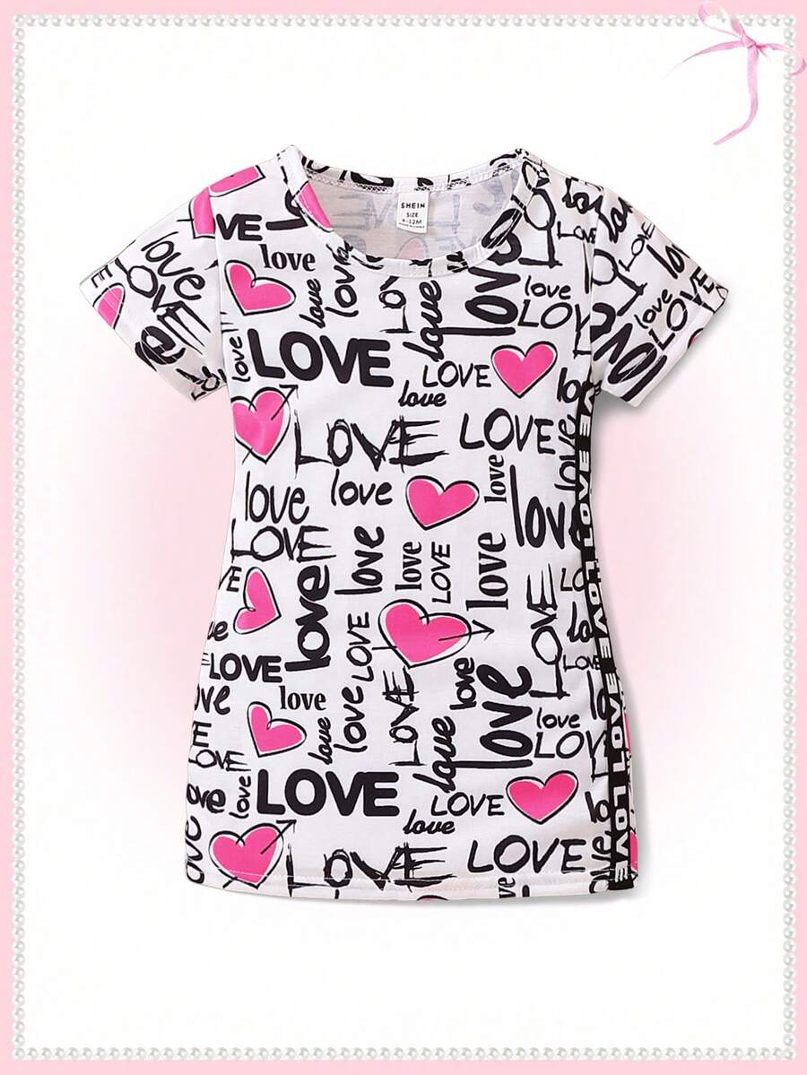 嬰幼兒女孩無袖字母&心形印花連衣裙,休閒可愛,適合春夏活動穿著