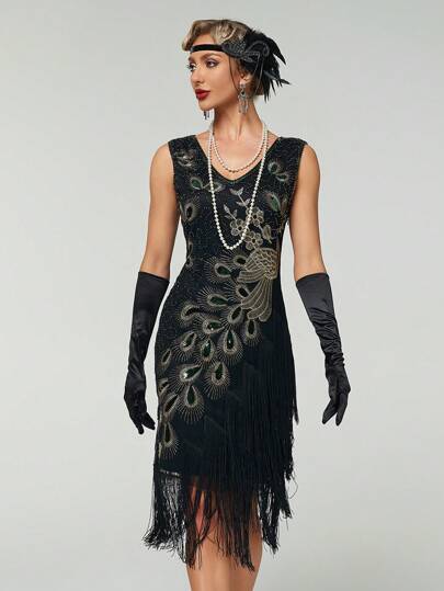 1920s Vintage Sequin Fringe Peacock/Phoenix Tail Dress, Great Gatsby Themed Party Dress Elegant Cocktail Semi Formal Prom Wedding Guest Dress, For Birthday, Graduation, Dinner, Homecoming Spring Vacation Black