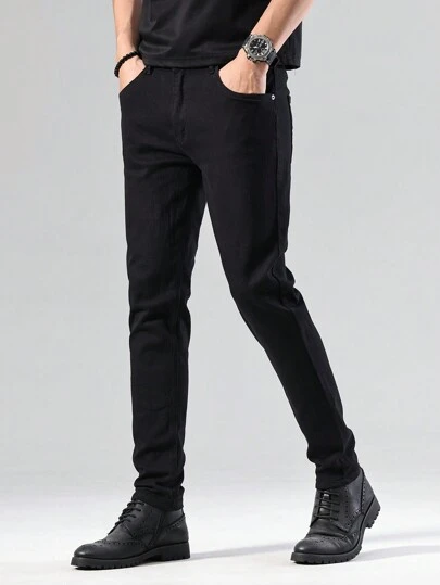 Manfinity Homme 男士纯色休闲修身牛仔裤，修身深色牛仔裤长款纯黑色洗水工装牛仔裤，适合丈夫、男朋友的礼物