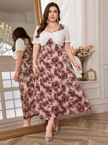 Modelyn Plus Size Women's Elegant Puff Sleeve Printed Summer Dress