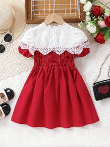 Vestido de manga corta para fiesta de verano con parche de encaje elegante y de moda para niña joven - Rojo - Ver 2