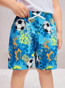 SHEIN Young Boy Loose Fit Casual Football Pattern Woven Swim Trunks - Blue - View 5