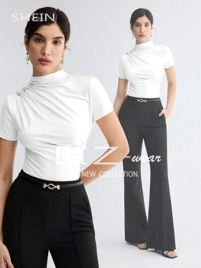 BizChic Camiseta de manga corta elegante con pliegues de unicolor para mujer, casual de negocios, uniforme de maestra, ropa de oficina, escuela, top básico, estilo vintage