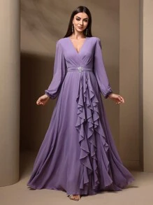 Women's Summer Long Sleeve Draped Ruffle Dress With Rhinestone Decor, Elegant Party Dress - Blue - View 1