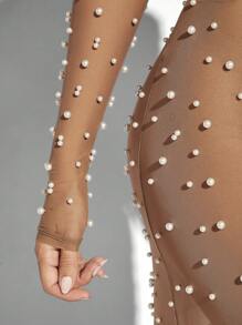 Hauture Sheer Maxi Party Dress With Pearl Embellishments - Khaki - View 6