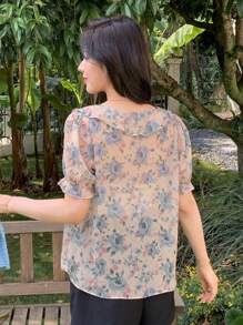 Dazy Designer 女士优雅短袖衬衫，蘑菇蕾丝边，泡泡袖，花卉图案，夏季，荷叶边，返校服