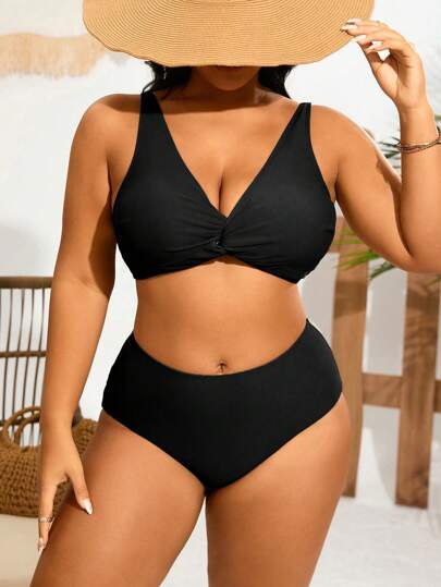 Slaydiva Plus Size Kvinnor Enfärgad Twist Detail Sexig tvådelad bikiniset för semester