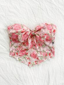 Soleia Women's Vacation Lace Tie-Front Floral Print Asymmetrical Hem Bandeau Top,Ladies Slim Fit Multicolor Women Tops,Spring/Summer,Casual Daily Wear - Multicolor - View 4