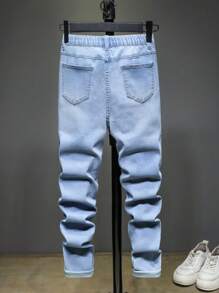SHEIN Teen Boy Blue Stretch Ripped Casual Patchwork Street Comfortable Jeans For Vacation And Summer - Blue - View 2