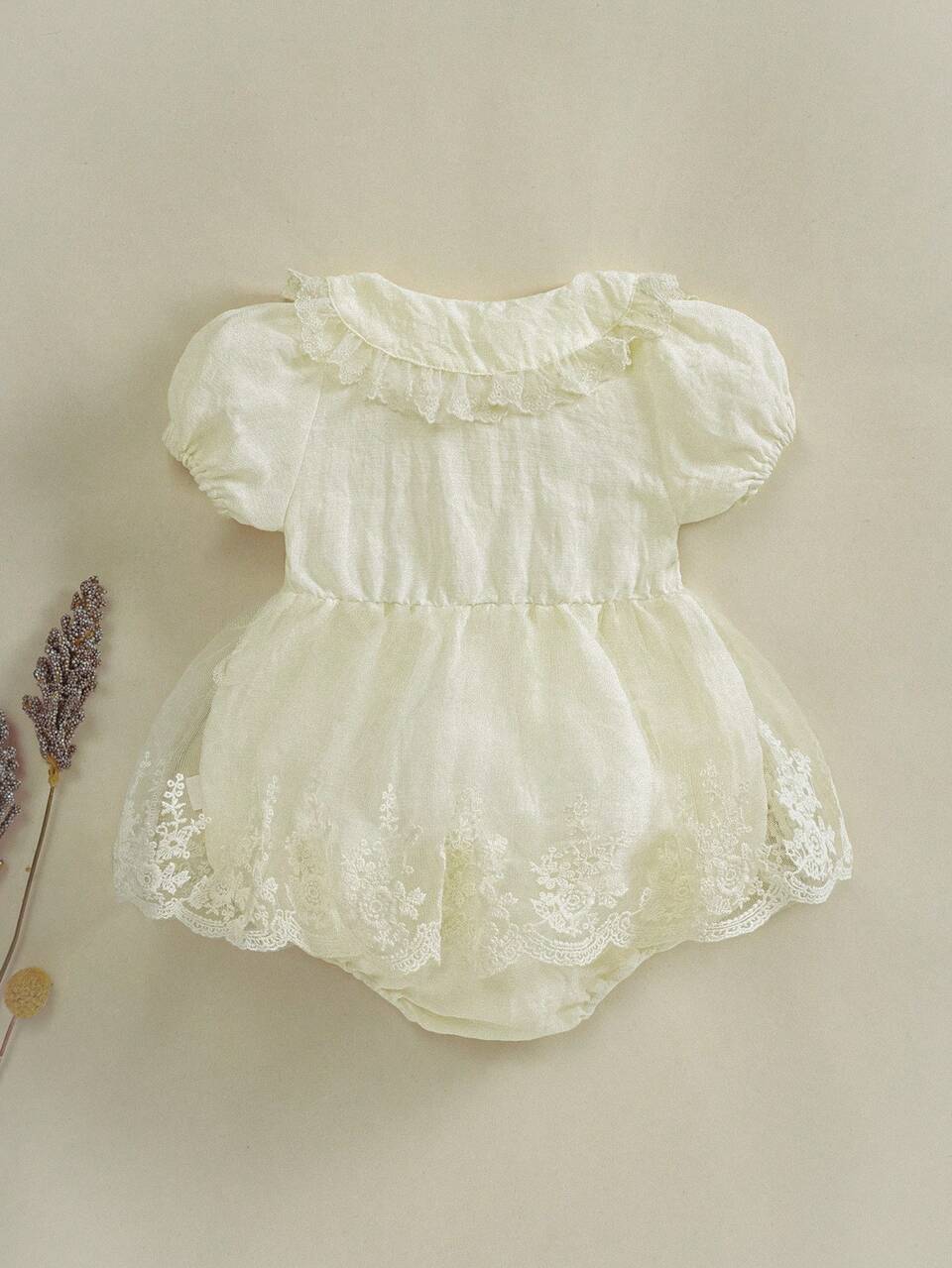 Baby Girl Summer Solid Color Stitching Embroidered Mesh Peter Pan Collar Short Puffed Sleeve Cute Bodysuit